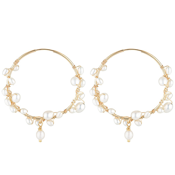 The Tom Medium Earrings - 14k gold-filled hoop earrings with a 3.7cm diameter & string of freshwater pearls, by Elvis et moi